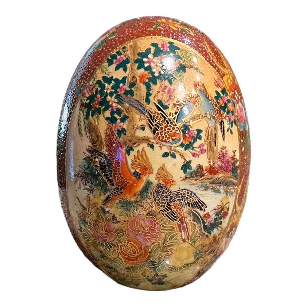 Vintage Asian Hand Painted Cloisonne Egg Bird Floral Gilded Trim Satsuma Style